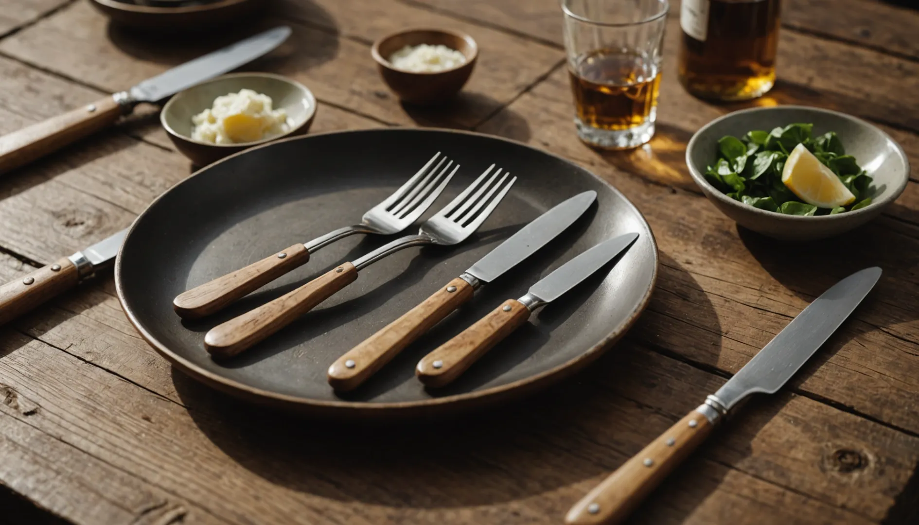 Wooden cutlery including fork, knife, and spoon on a rustic table
