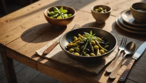 Wooden cutlery set on a rustic wooden table