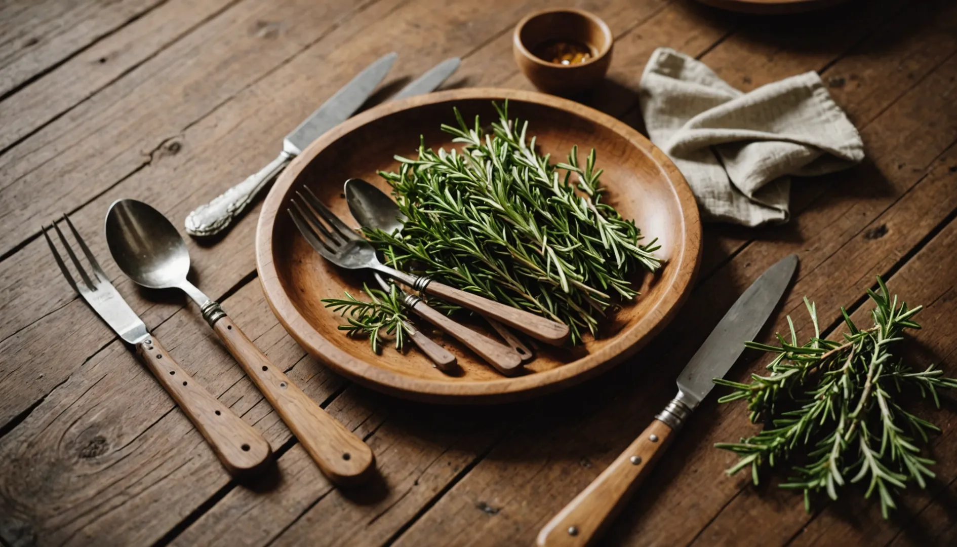 Wooden cutlery set on a rustic wooden table with herbs