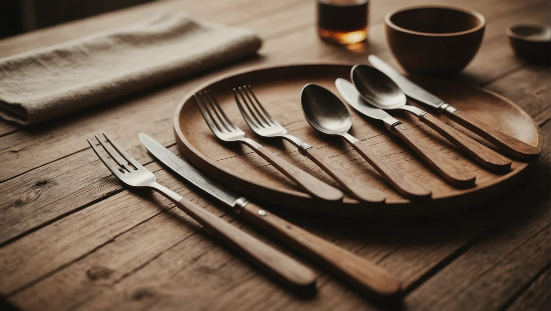 Wooden cutlery set on a rustic wooden table with a soft, natural light ambiance.