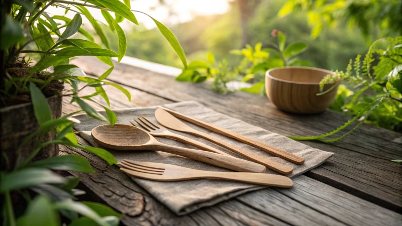 Close-up of wooden cutlery on a rustic table surrounded by plants