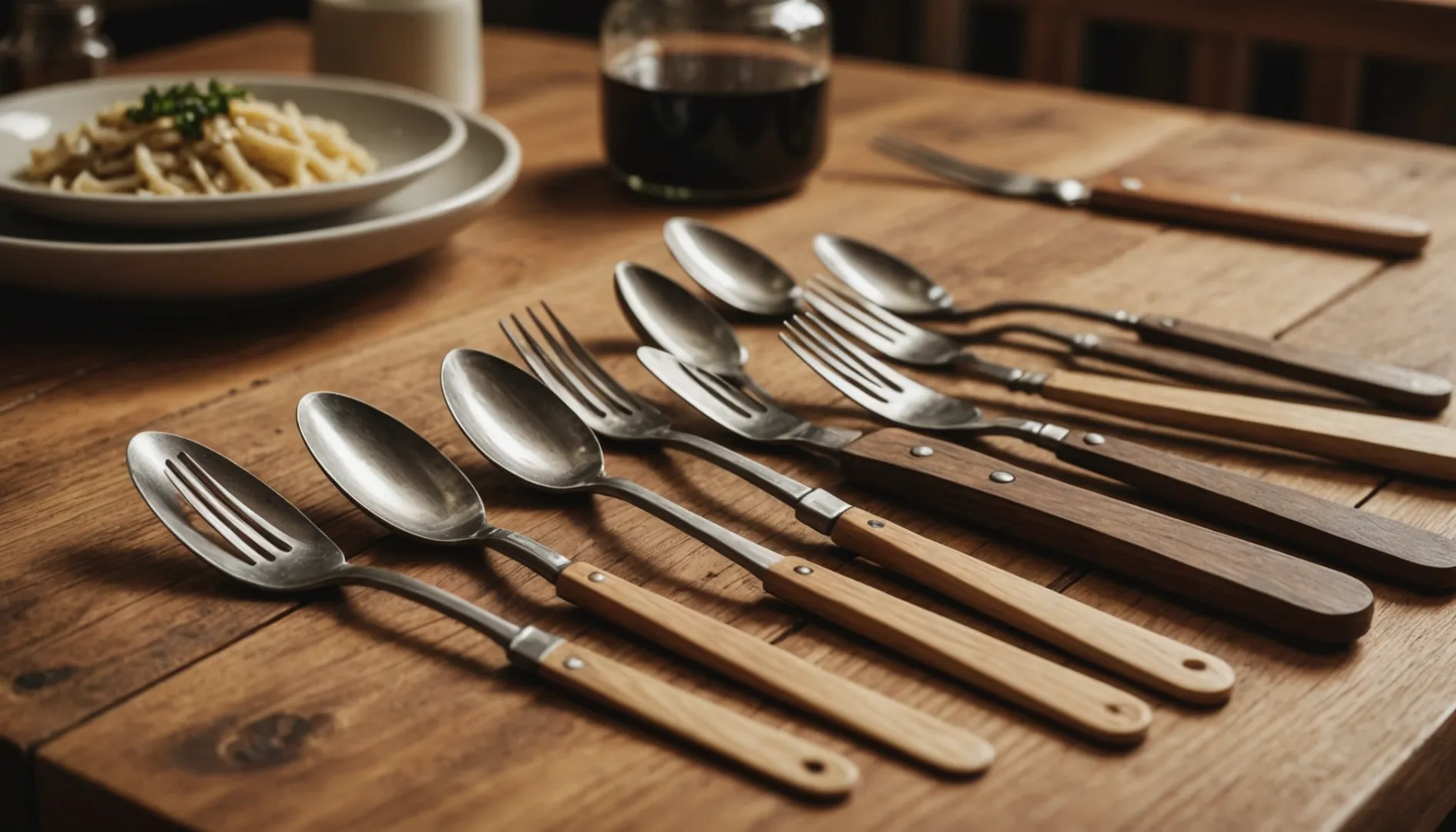 Wooden cutlery set including forks, knives, and spoons on a wooden countertop with natural oil and cloth.