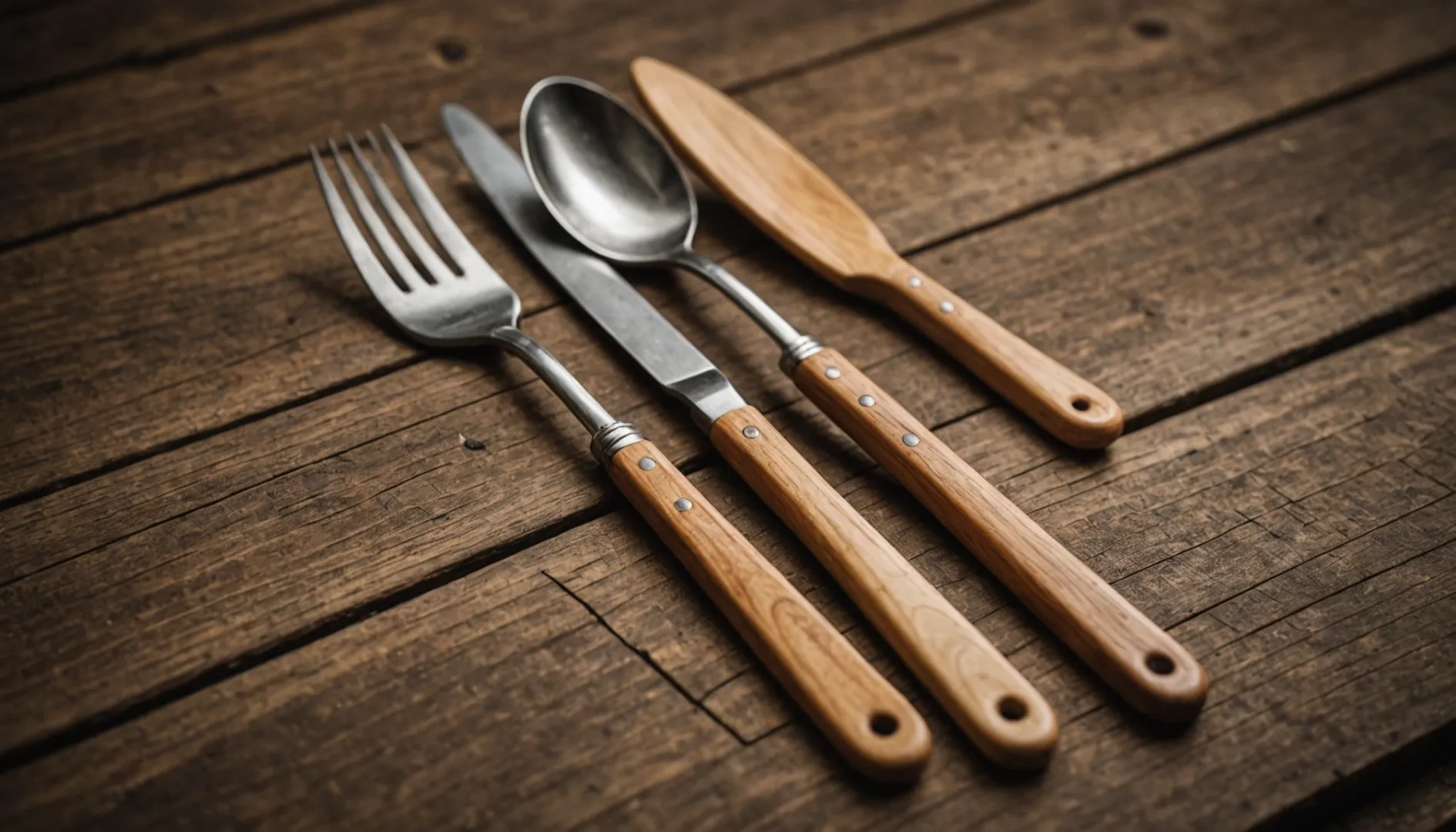 Close-up of a wooden cutlery set on a rustic table