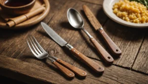 Wooden cutlery set on a rustic wooden table with natural lighting.