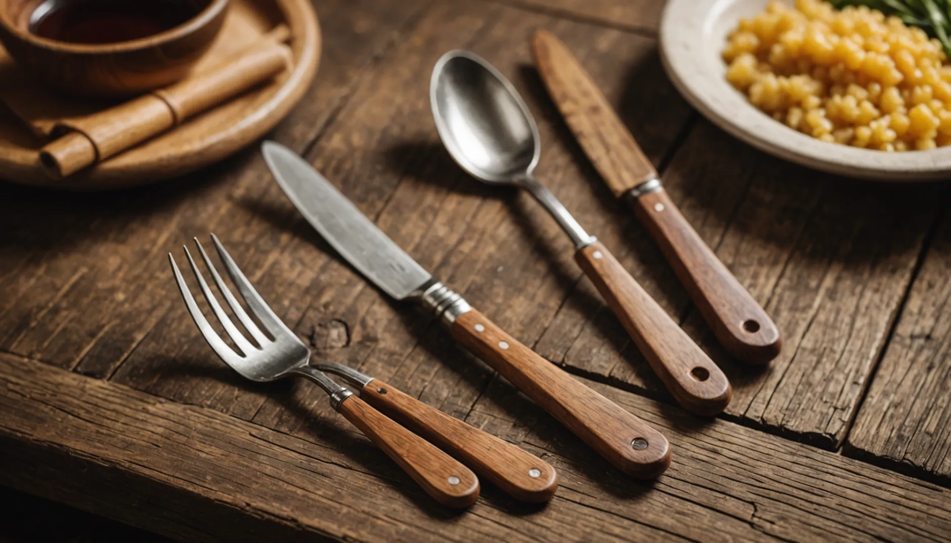 Wooden cutlery set on a rustic wooden table with natural lighting.