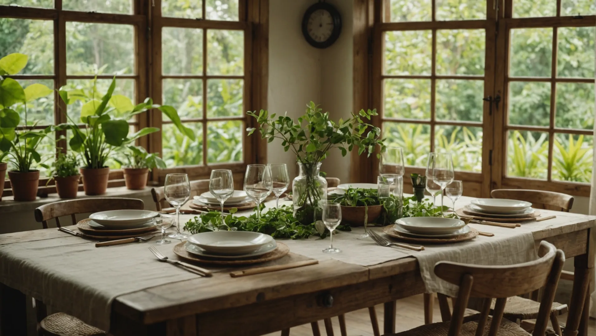 Wooden cutlery arranged aesthetically on a rustic table with greenery.