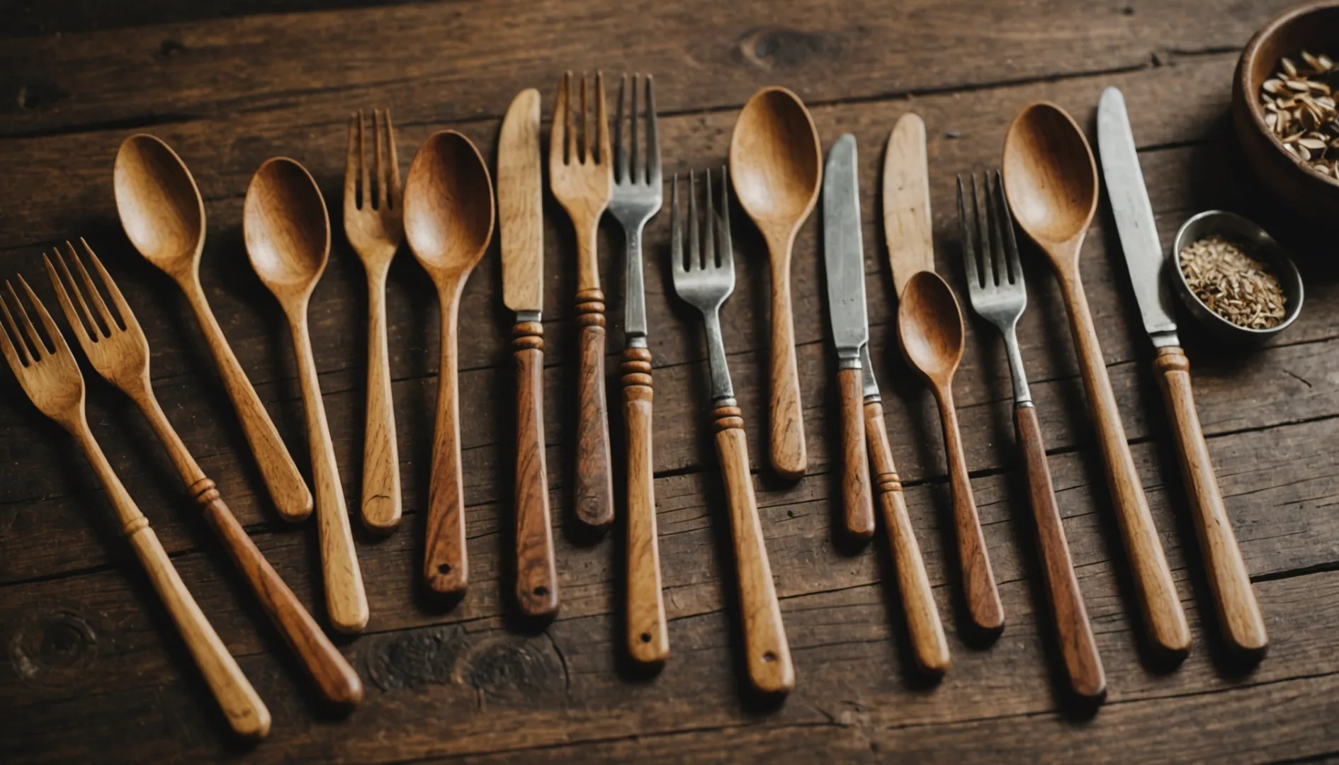 Assorted wooden cutlery arranged on a rustic table