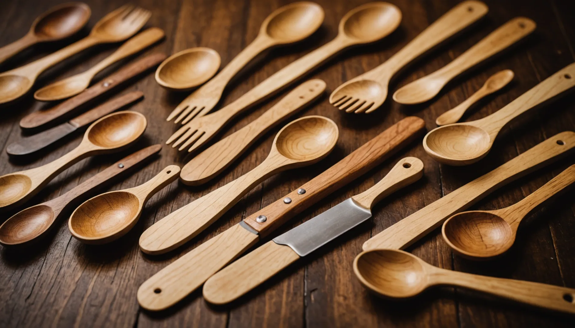 Various wooden cutlery displayed on a wooden table.