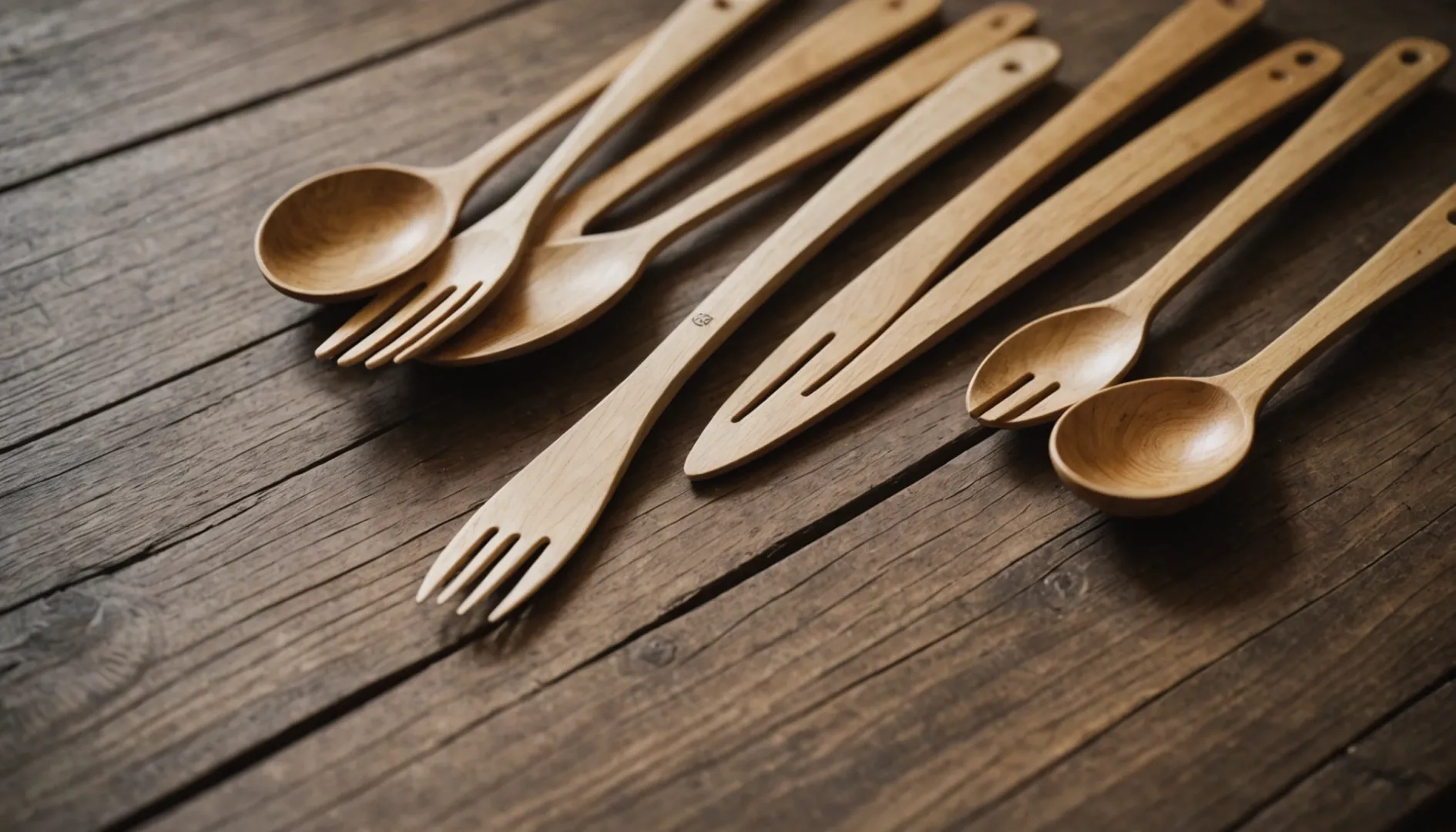 A set of wooden cutlery next to a set of plastic cutlery on a wooden table.