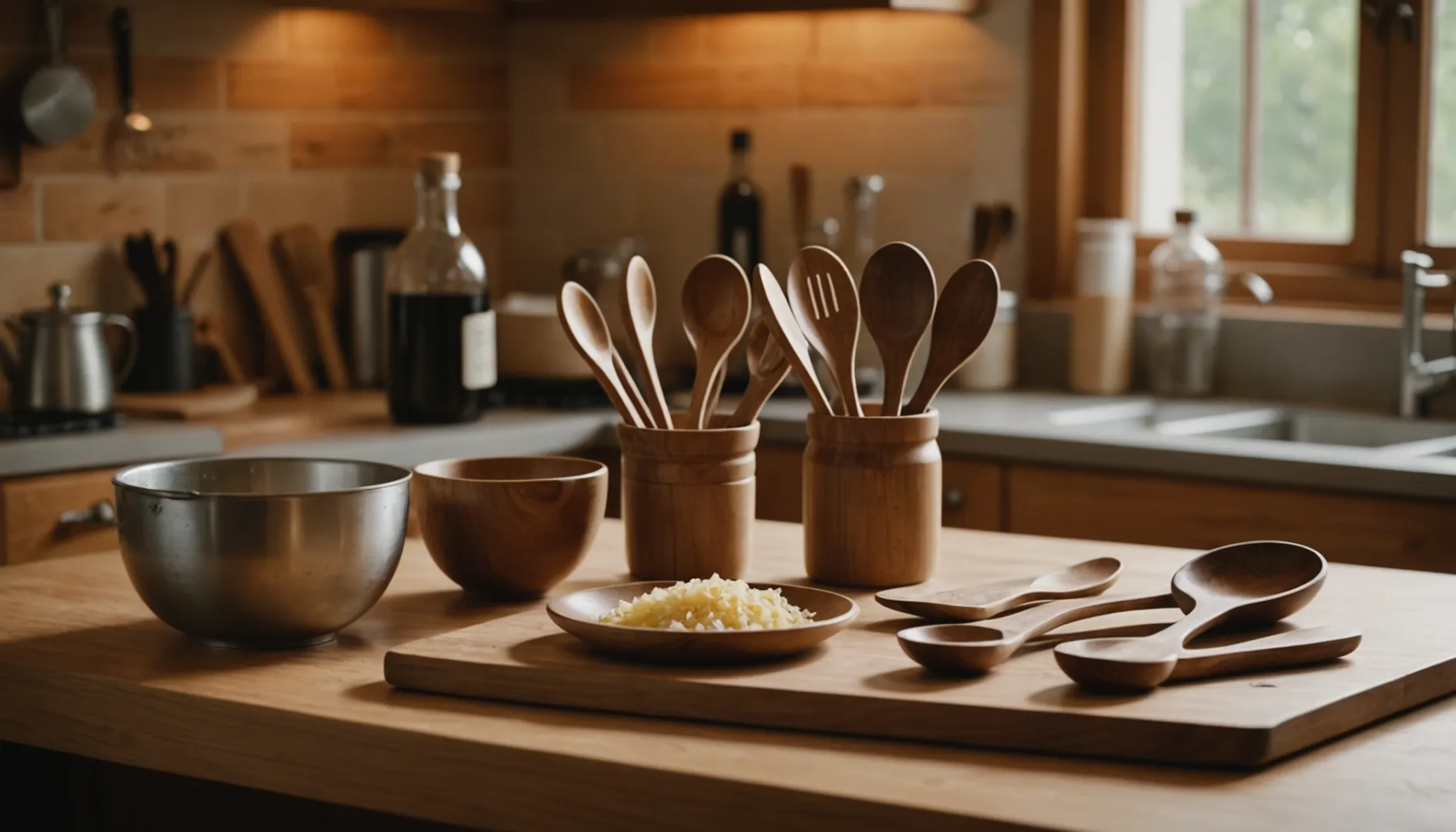 A set of well-maintained wooden utensils on a kitchen countertop.