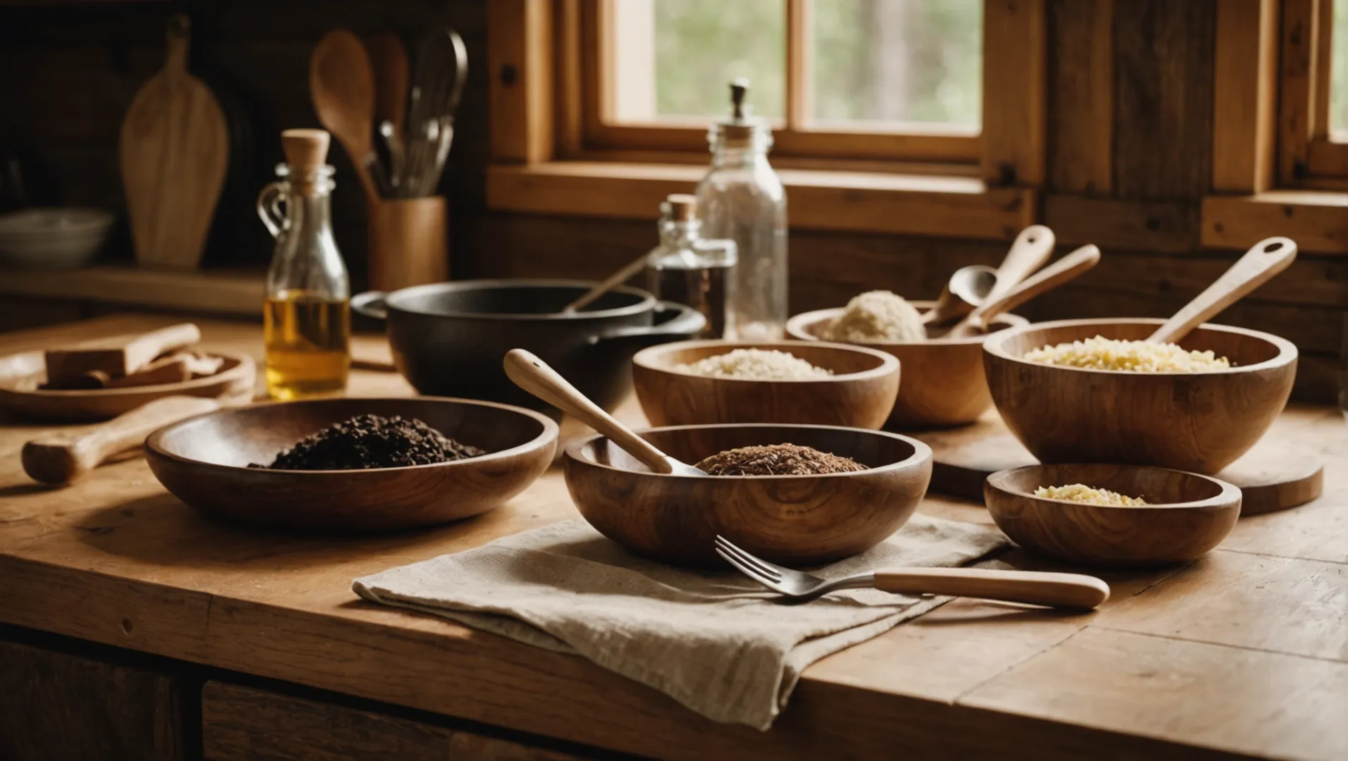 A collection of wooden utensils including spoons and spatulas, arranged neatly with a bottle of mineral oil and a soft cloth.