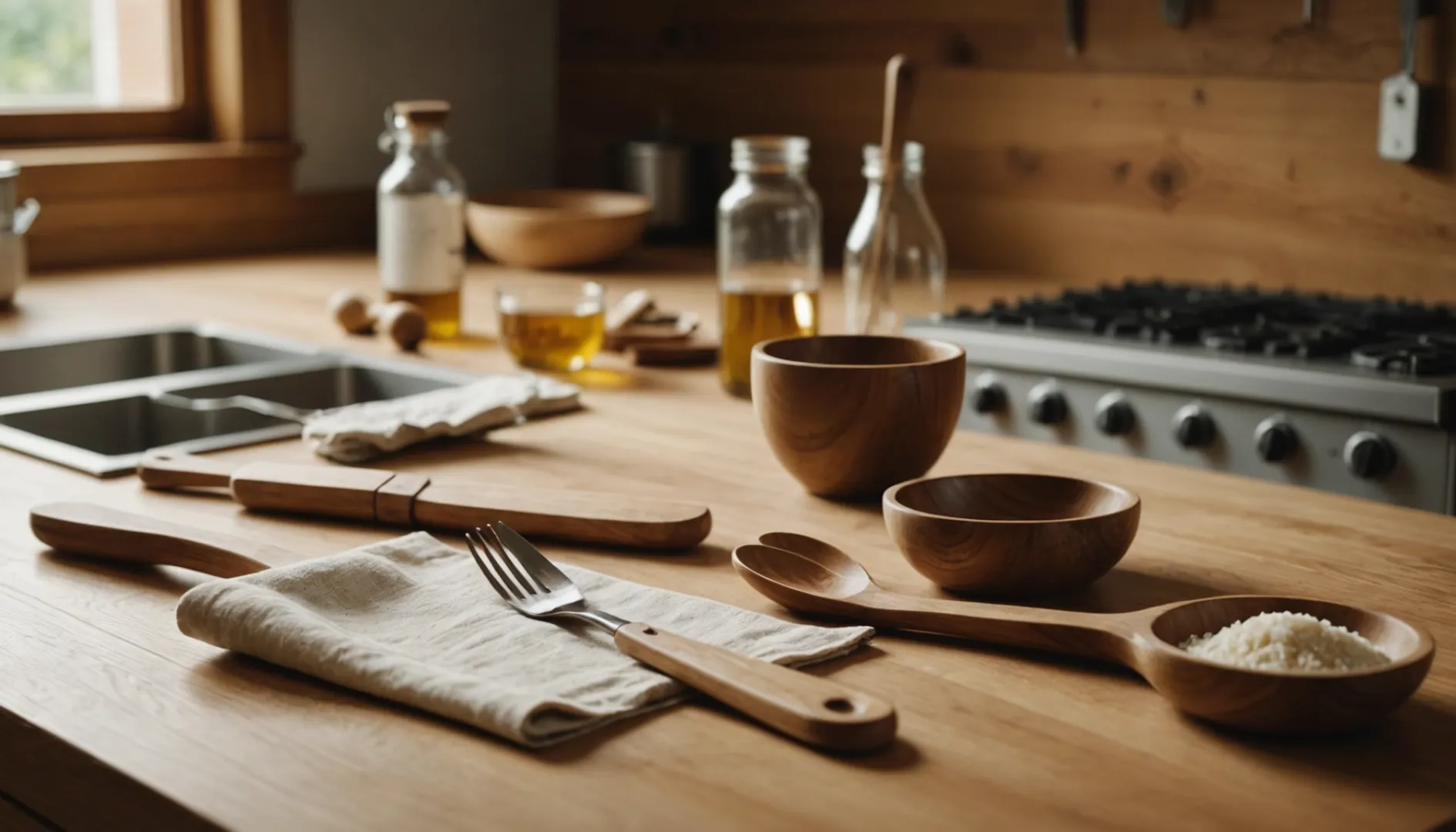 A set of wooden utensils with a bottle of mineral oil and a soft cloth for maintenance.