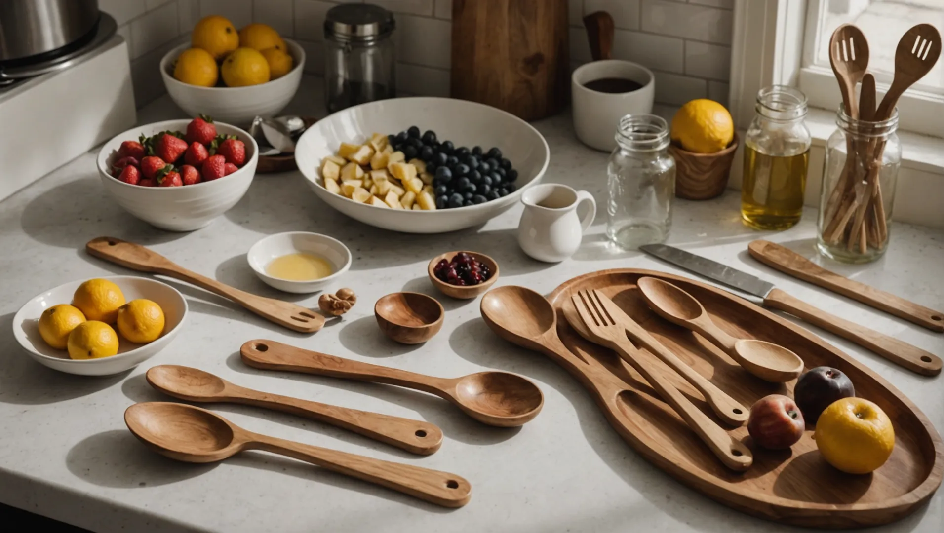 A collection of wooden utensils on a kitchen counter with some showing signs of wear and tear.