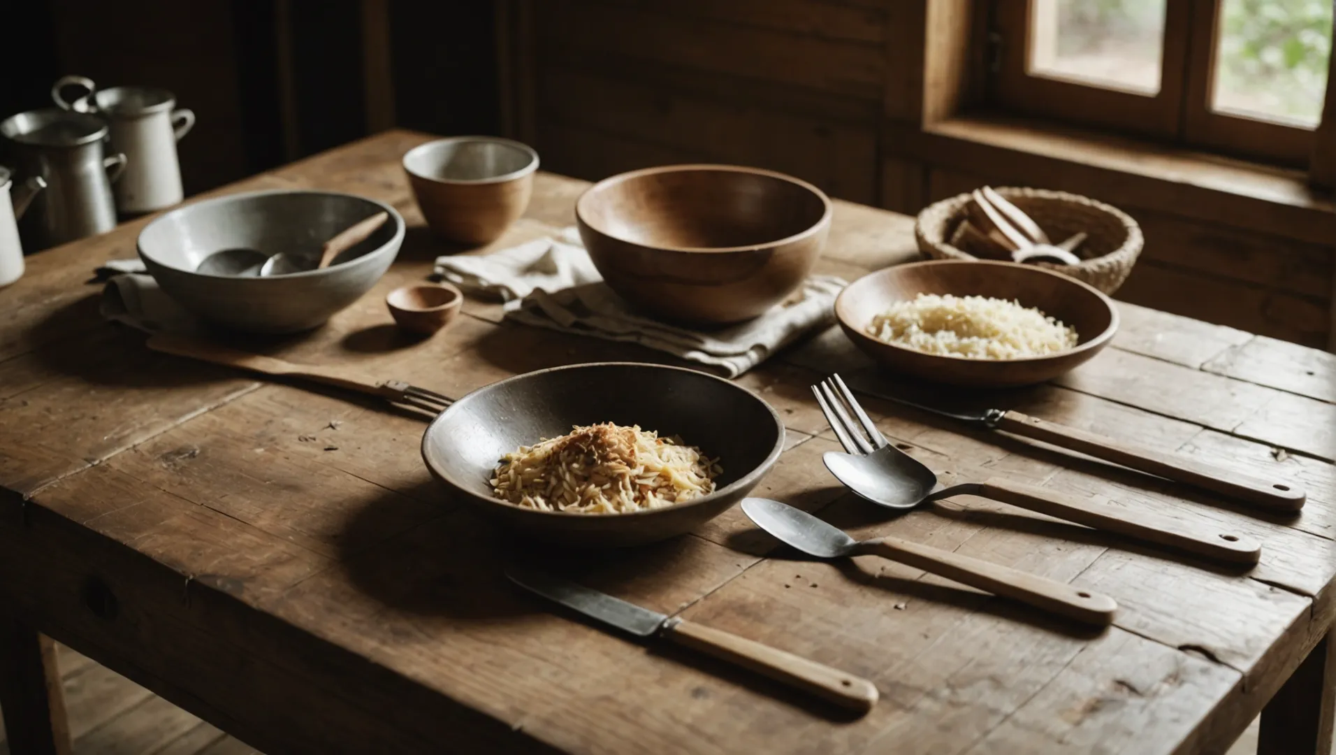 A set of wooden utensils on a rustic table.