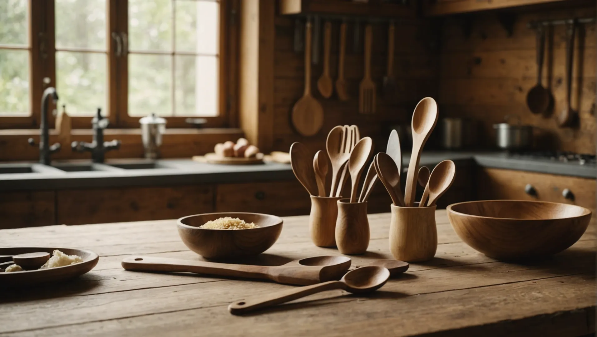 Wooden utensils displayed on a rustic kitchen table