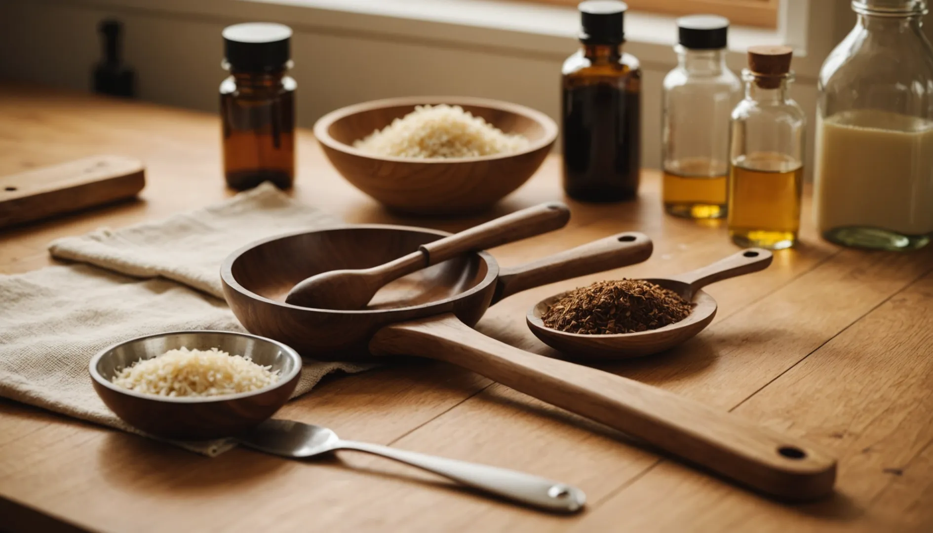 Close-up of wooden utensils with oil and cloth for maintenance