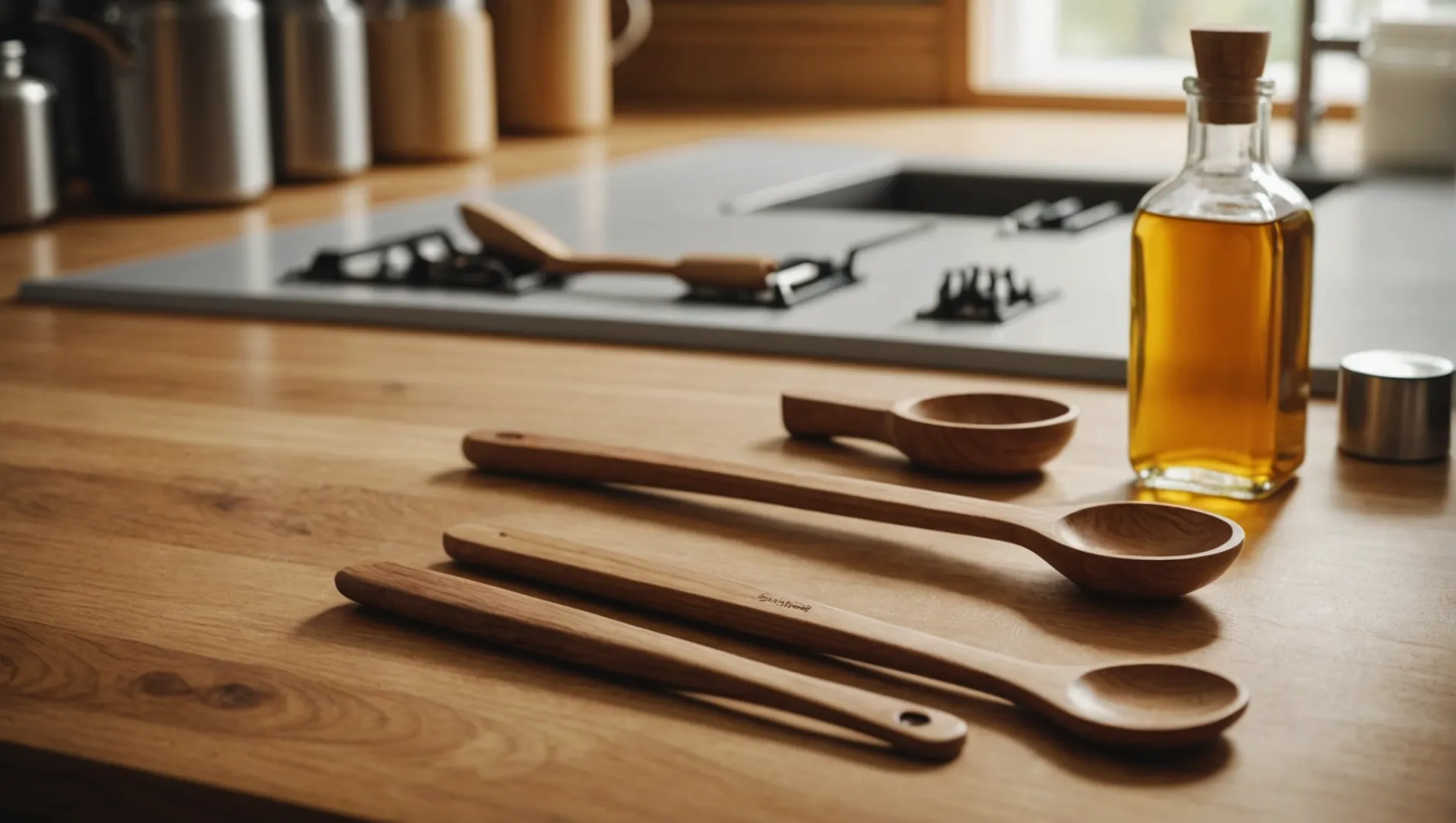 Wooden utensils with a bottle of mineral oil on a kitchen countertop.