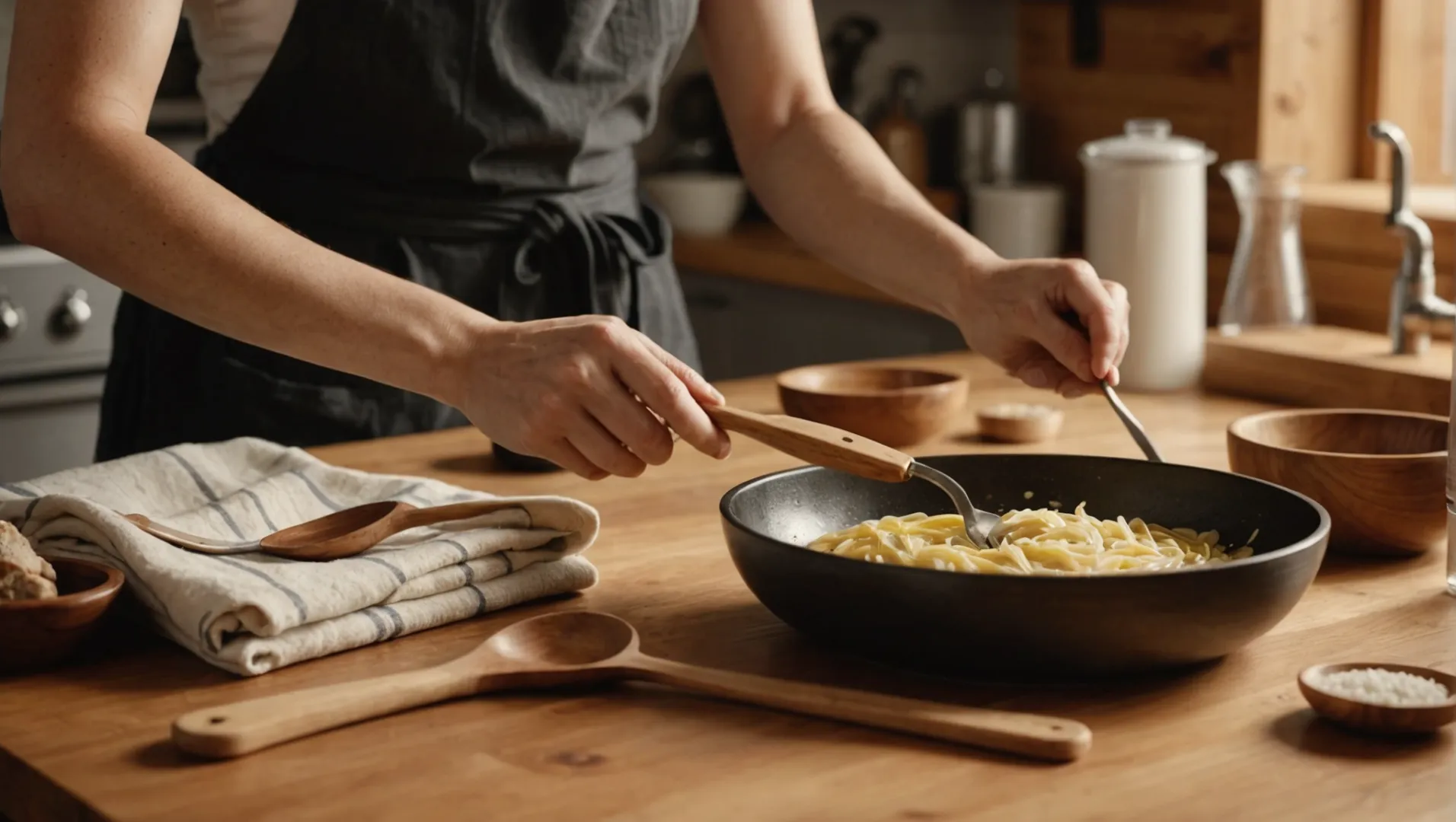 A variety of wooden utensils being oiled and cleaned on a kitchen counter.