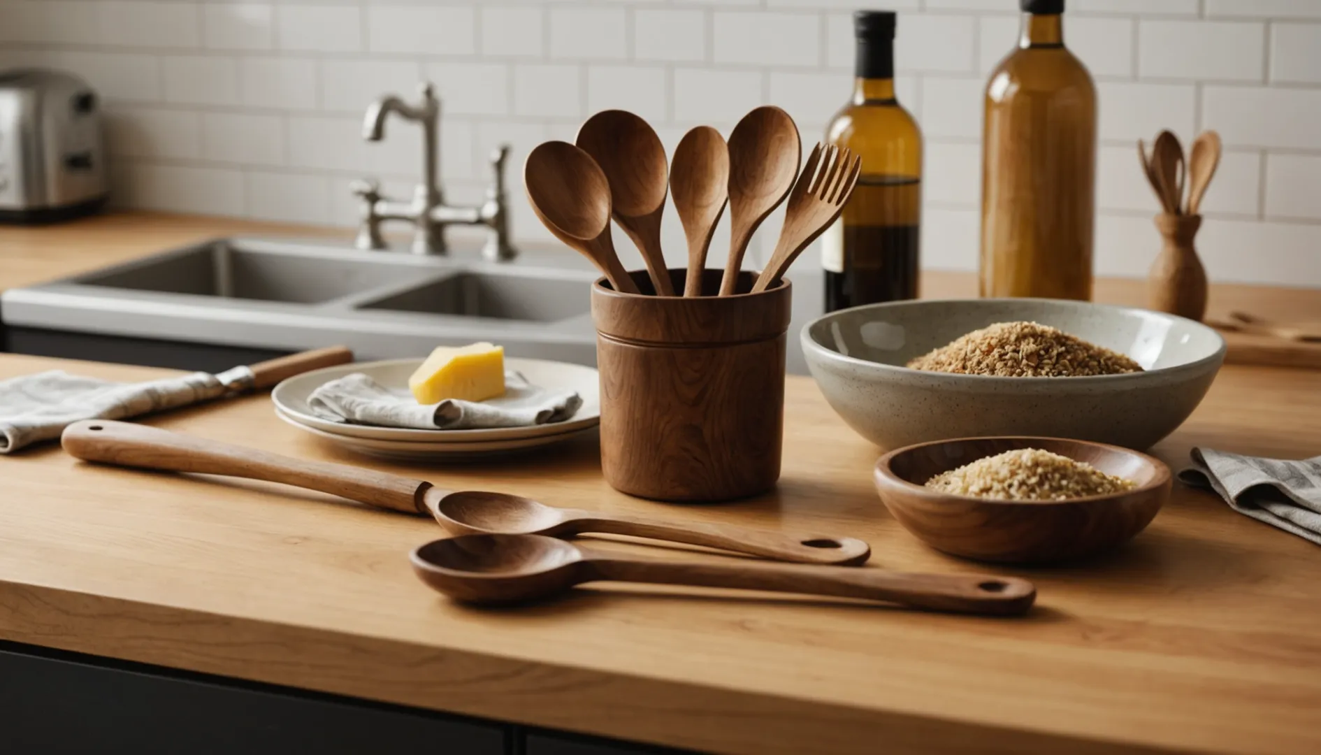 Various wooden utensils on a kitchen countertop with oil and cloth