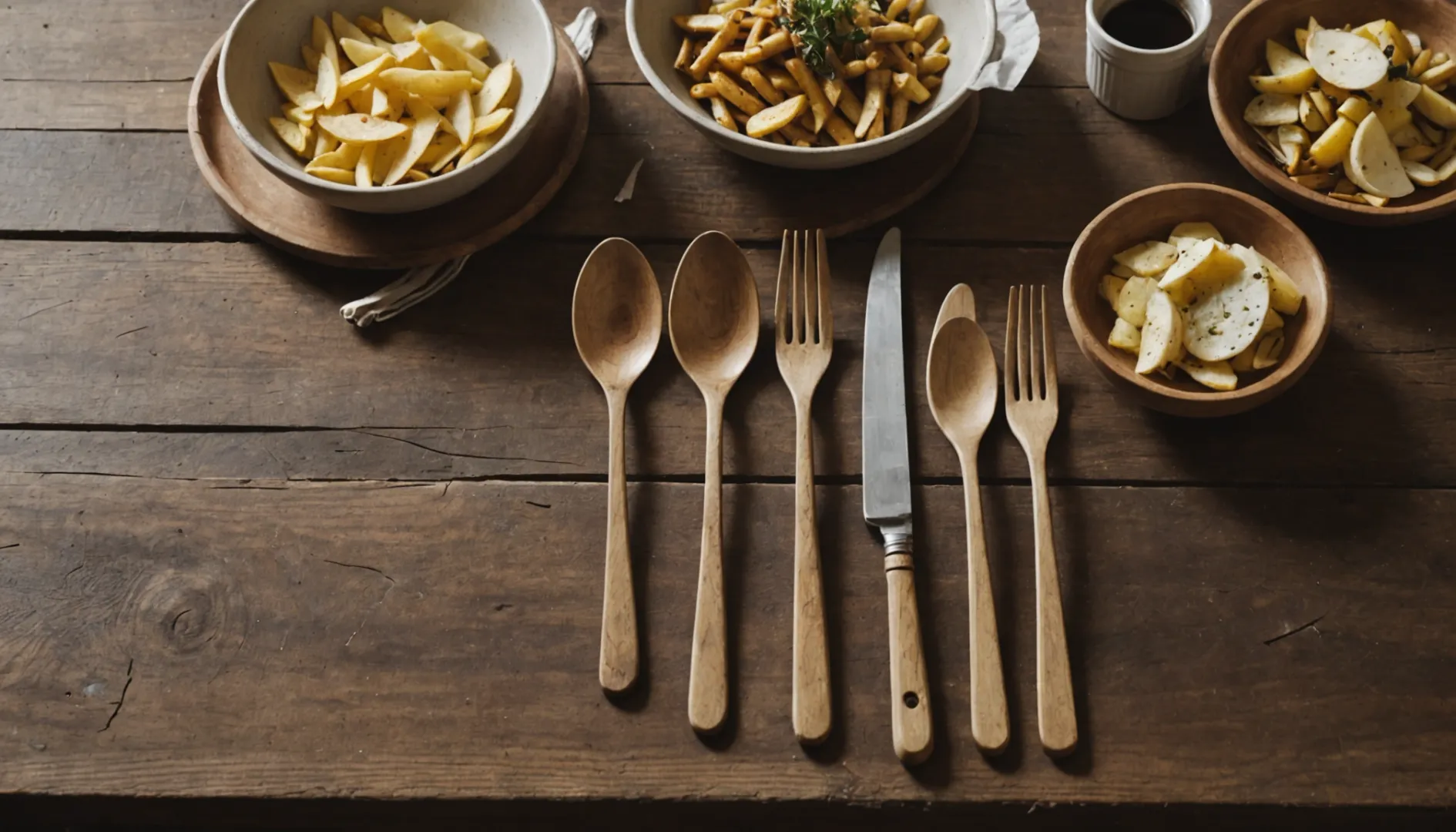 A side-by-side comparison of wooden and paper cutlery on a wooden table.