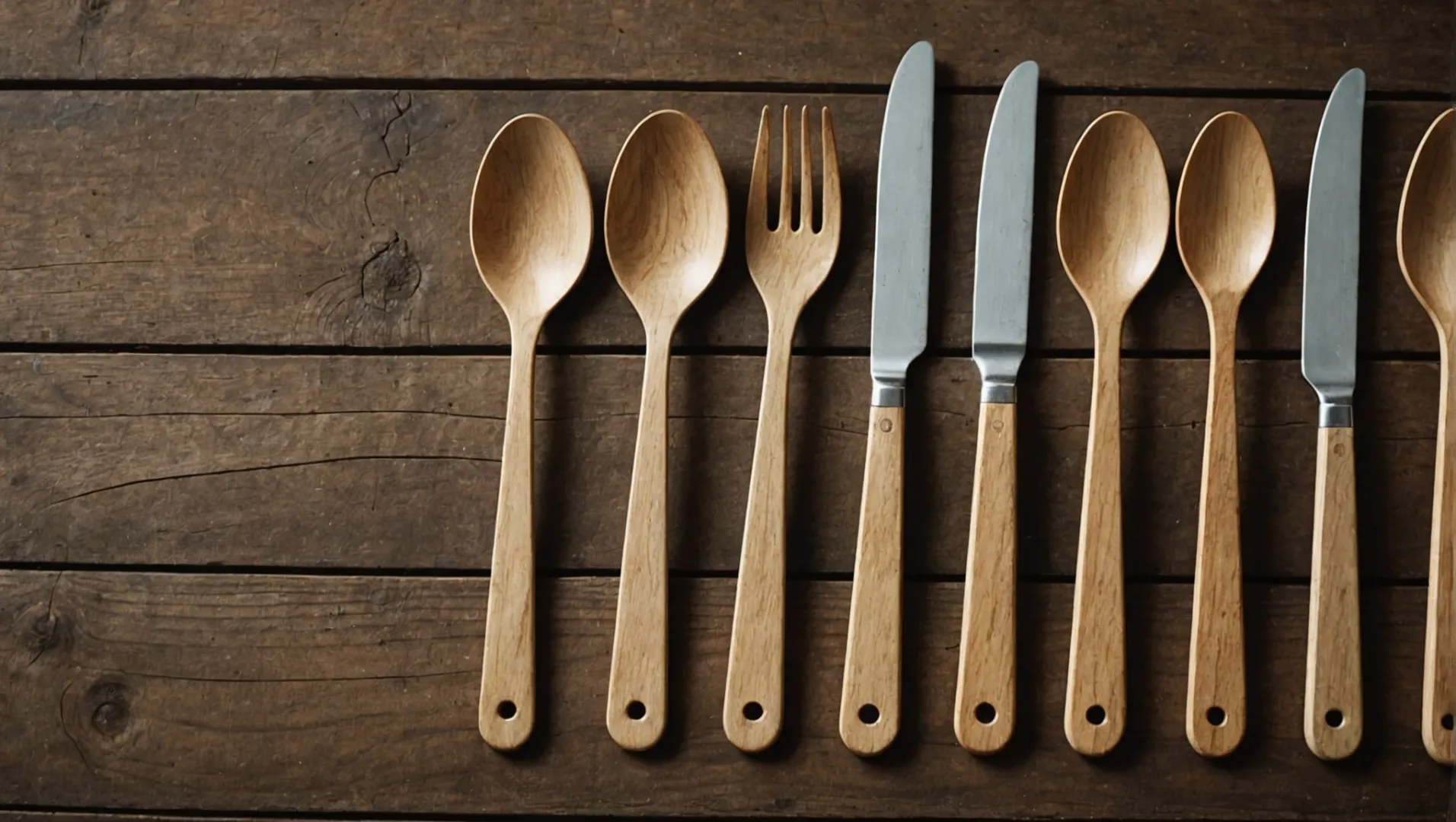 Wooden and plastic cutlery laid side by side on a rustic wooden table.