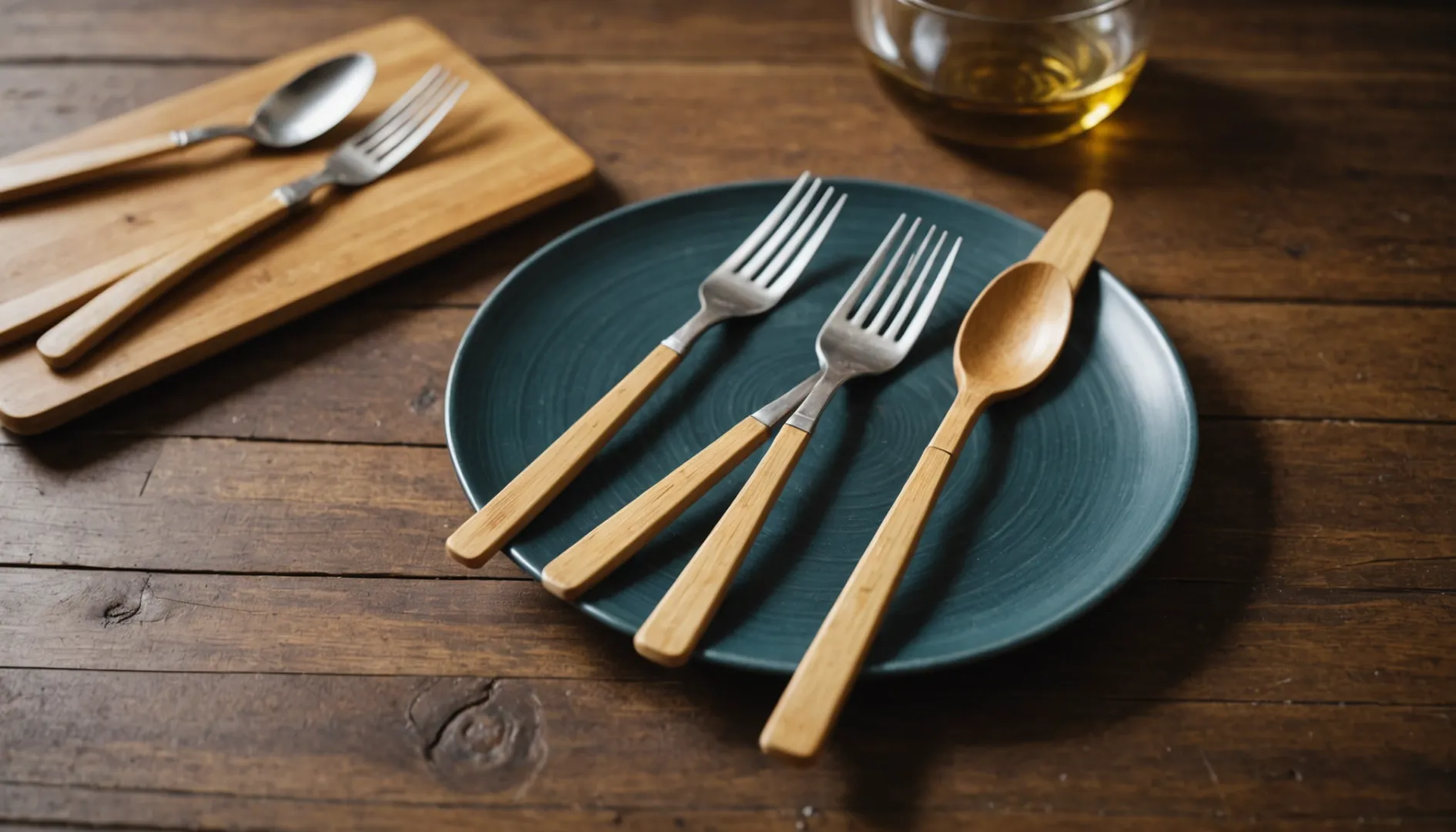 A side-by-side comparison of bamboo wooden and plastic cutlery on a rustic table.