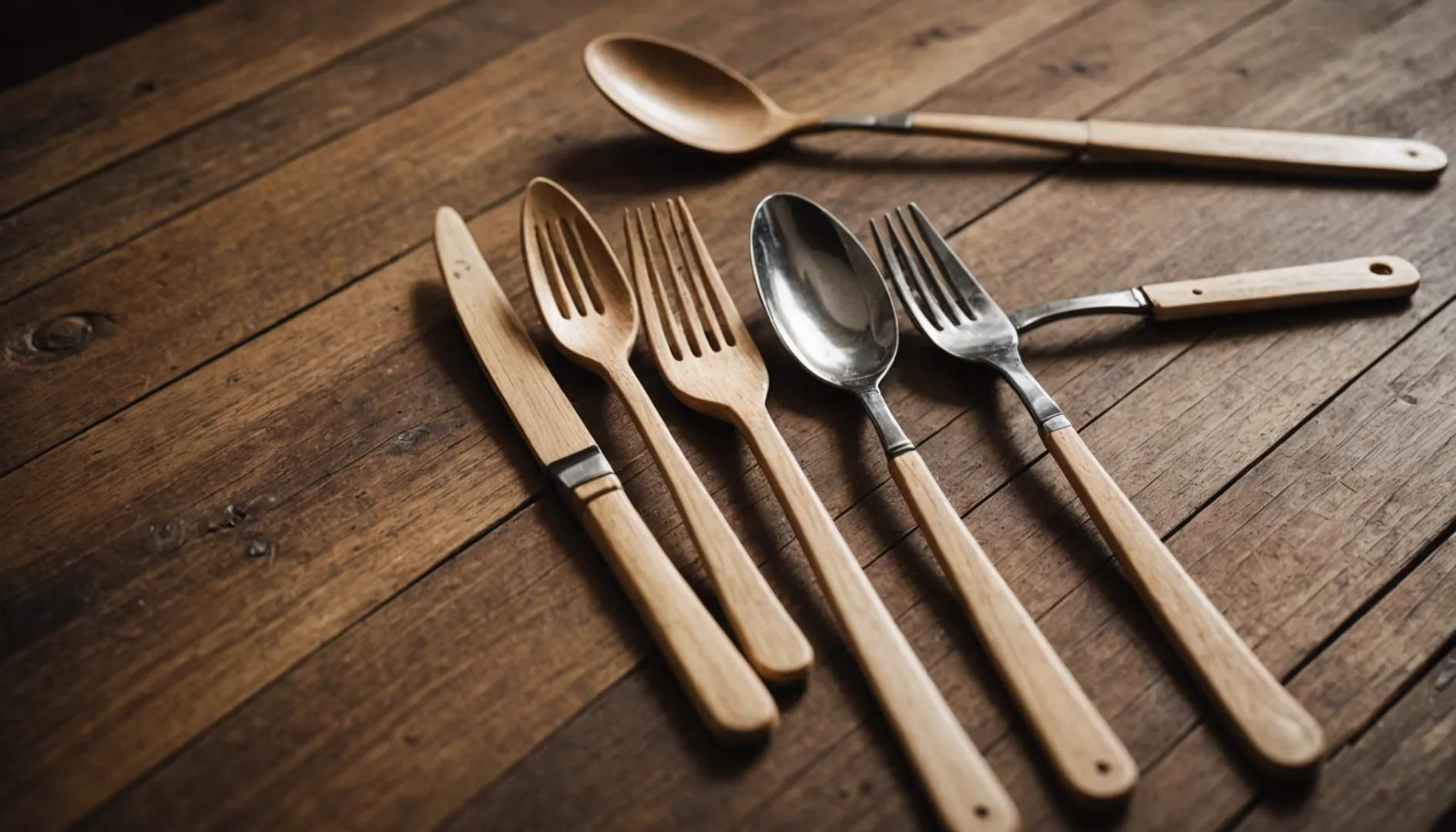 A side-by-side comparison of wooden and plastic cutlery on a table.