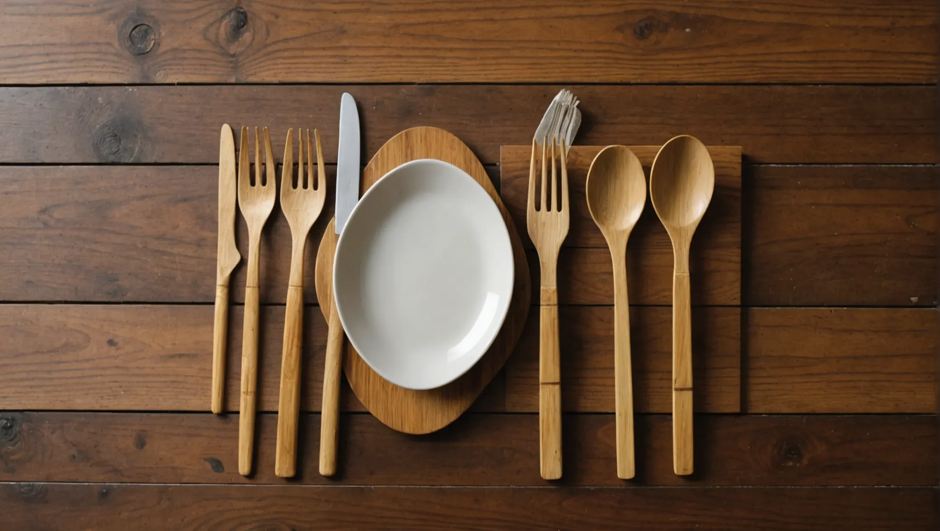 Comparison of wooden and plastic cutlery on a table, highlighting environmental differences.