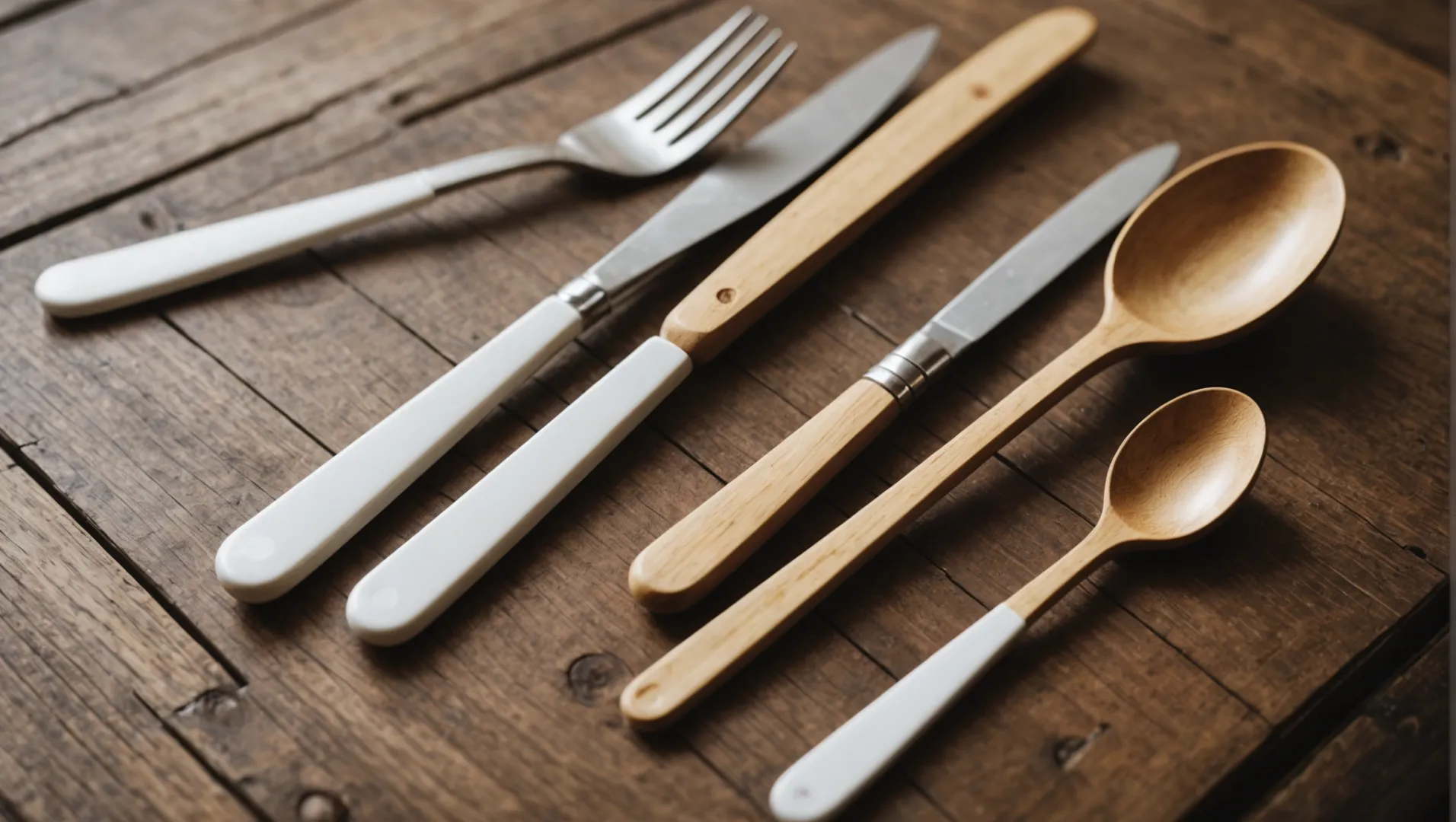 A comparison image of wooden and plastic cutlery on a wooden table.