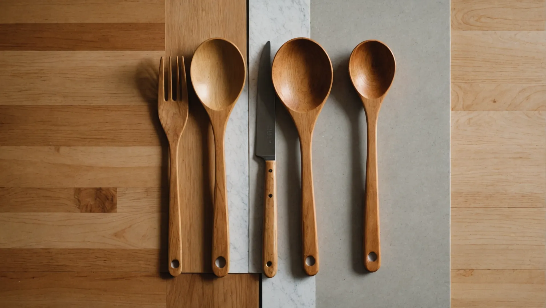 Comparison of wooden and plastic kitchen utensils on a countertop.