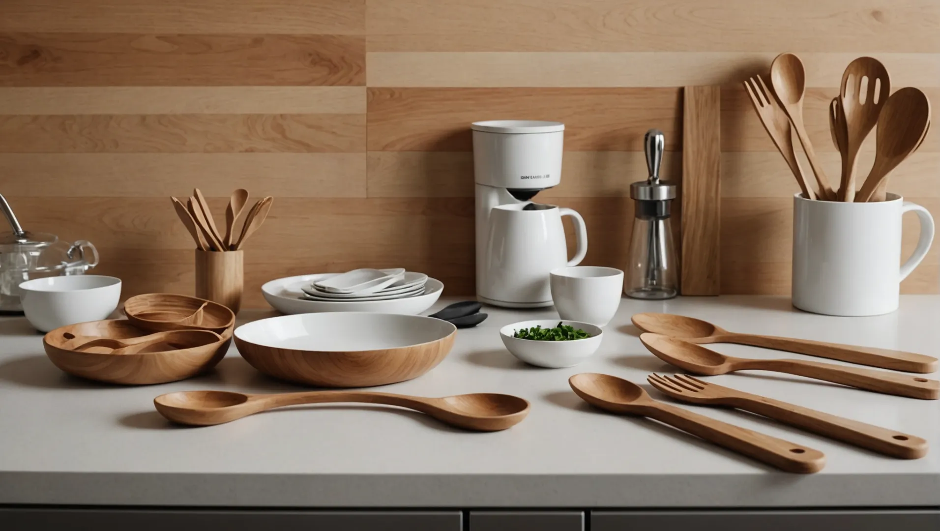 Comparison of wooden and plastic utensils on a kitchen counter