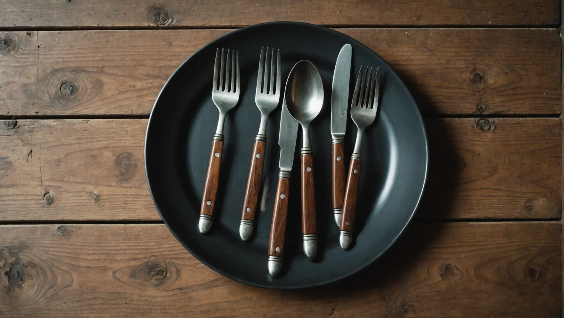 Comparative display of wooden, plastic, and metal cutlery on a rustic table.