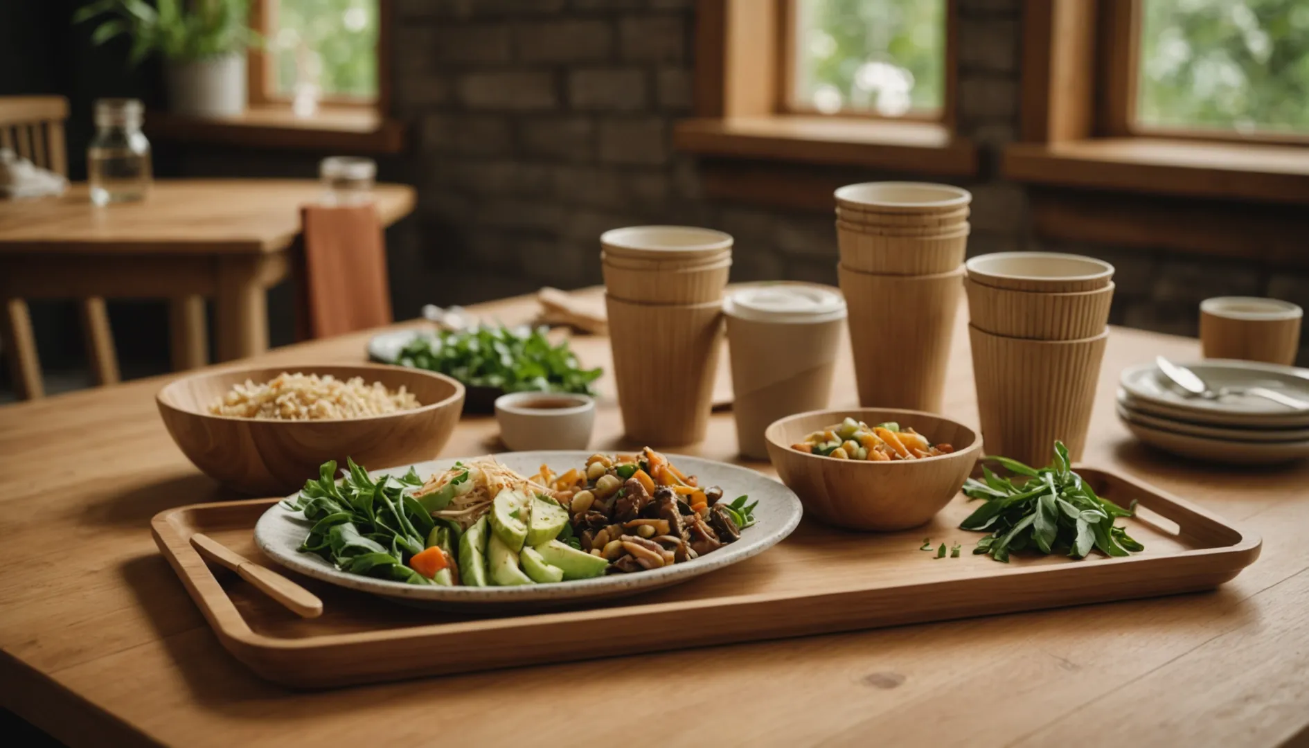 Sustainable packaging products by World Centric arranged on a wooden table.