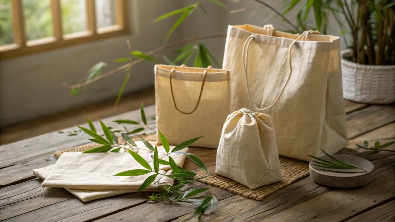 A collection of bamboo fiber paper bags on a wooden table