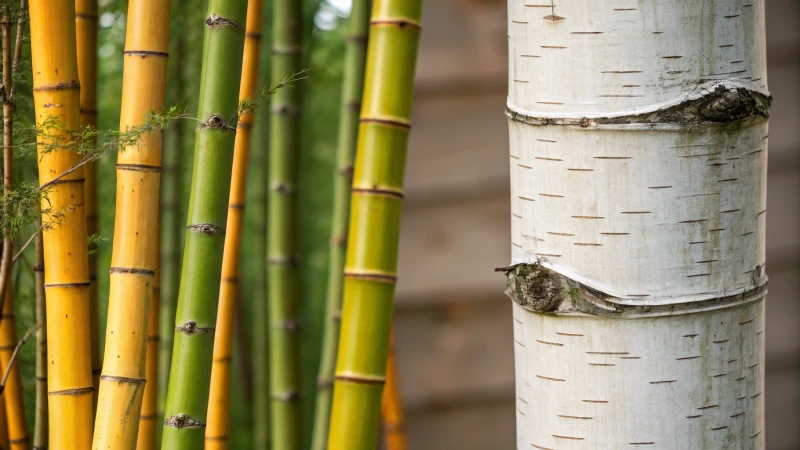 Close-up comparison of bamboo stalks and polished birch wood