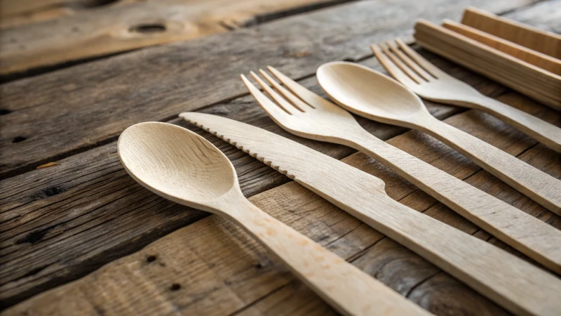 Close-up of biodegradable wooden cutlery on a rustic table