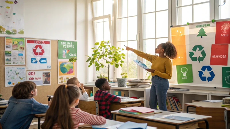 A diverse classroom with students engaged in a lesson on eco-friendly practices.