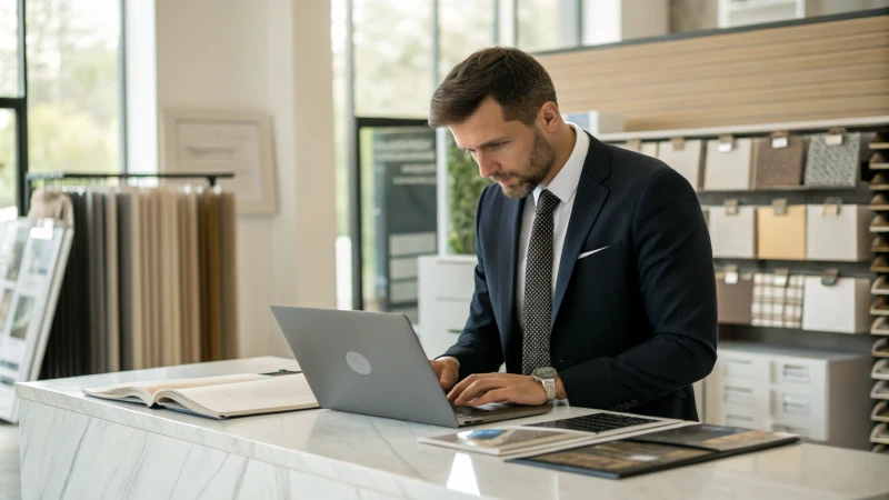 Business professional reviewing supplier information on a laptop in a well-organized office.