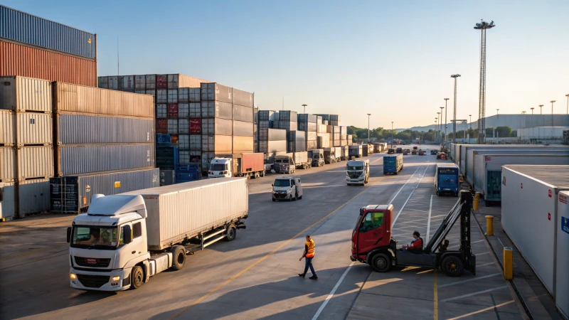 A busy logistics hub with trucks and shipping containers