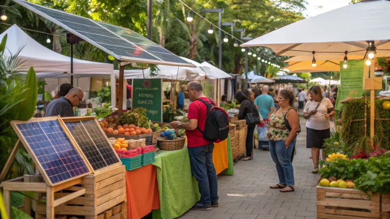 A vibrant marketplace with eco-friendly stalls and shoppers