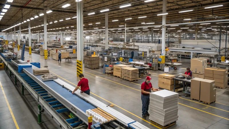 Interior of a busy manufacturing facility with industrial machines and workers