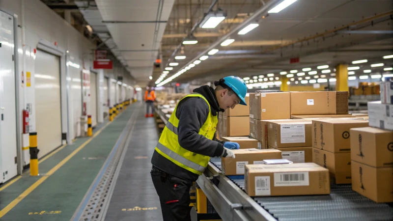 Logistics worker inspecting packages on a conveyor belt in a shipping facility