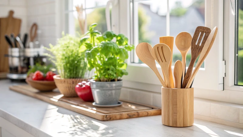 A clean kitchen countertop with wooden cutlery and potted herbs