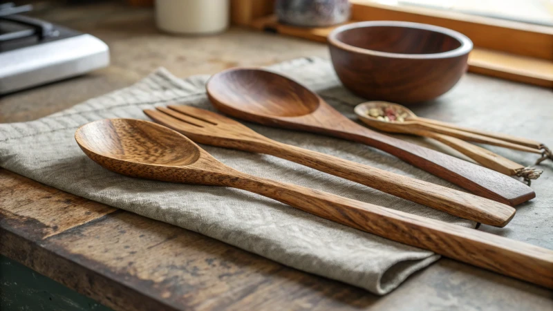 Close-up of beautifully arranged coated wooden cutlery on a rustic countertop