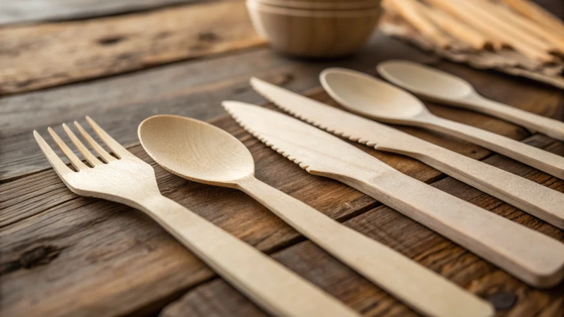 Assorted disposable wooden cutlery displayed on a rustic table