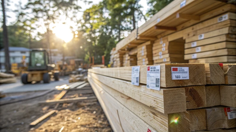 A close-up of a lumber stack with price tags against a blurred construction site.