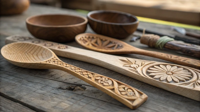 Assorted wooden cutlery on a rustic table