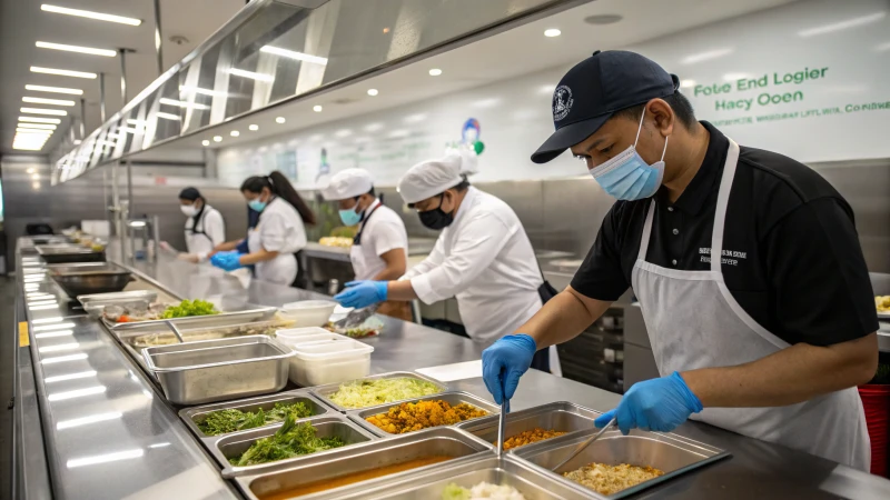 Staff preparing food in a clean commercial kitchen