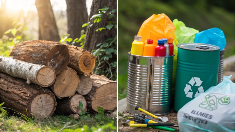 A comparison of natural wood, colorful plastic products, and shiny metal items in a green environment.