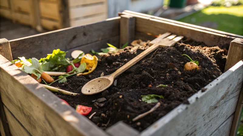 Close-up of a compost bin with dark soil and wooden cutlery